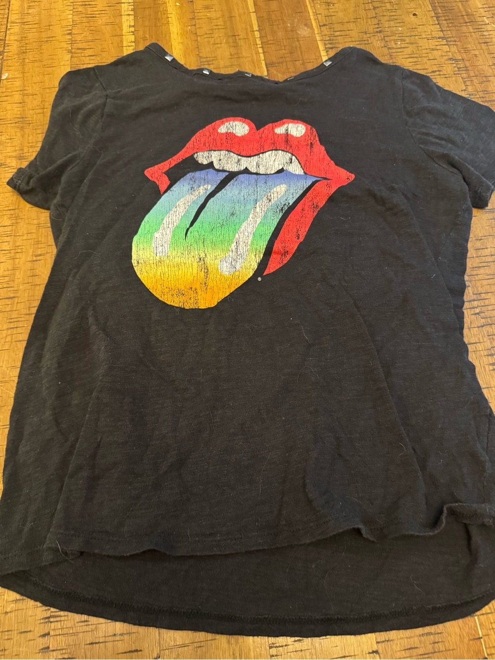 Rock & Republic Small  Black Tee with Rainbow Tongue Graphic Rolling Stones